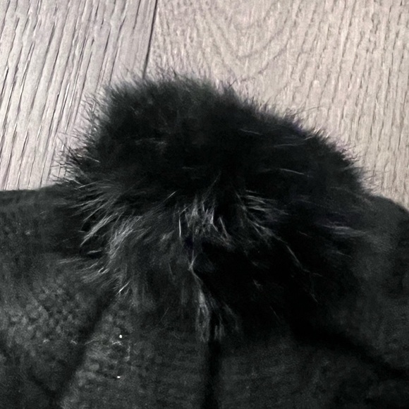 Black Pom Pom Knit Beret Hat with Rhinestone Snowflake Detail main image 4